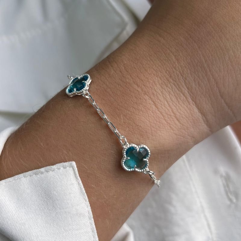 Pulseira Trevo Cristal Azul Banho Ouro 18k/Prata 925