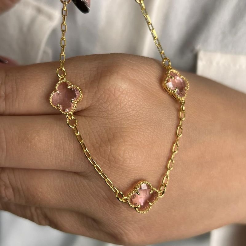 Pulseira Trevo Cristal Rosa Banho Ouro 18k/Prata 925