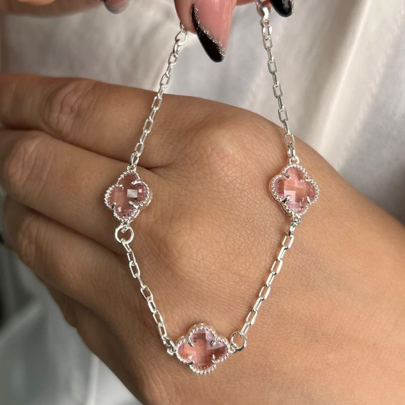 Pulseira Trevo Cristal Rosa Banho Ouro 18k/Prata 925