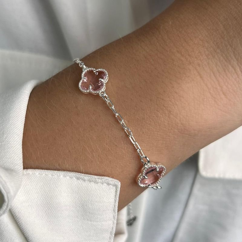 Pulseira Trevo Cristal Rosa Banho Ouro 18k/Prata 925