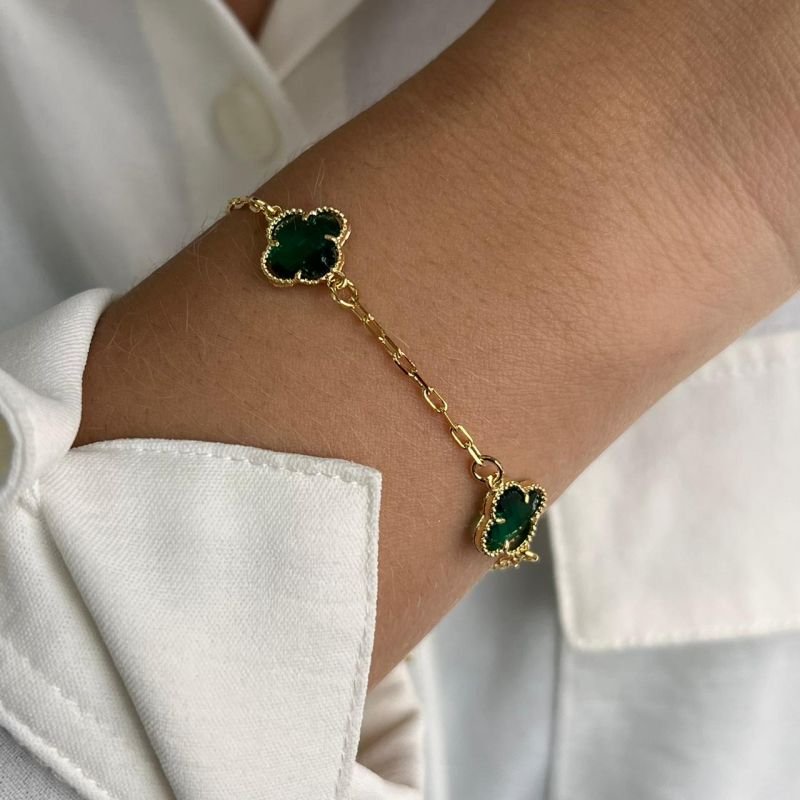 Pulseira Trevo Cristal Verde Banho Ouro 18k/Prata 925