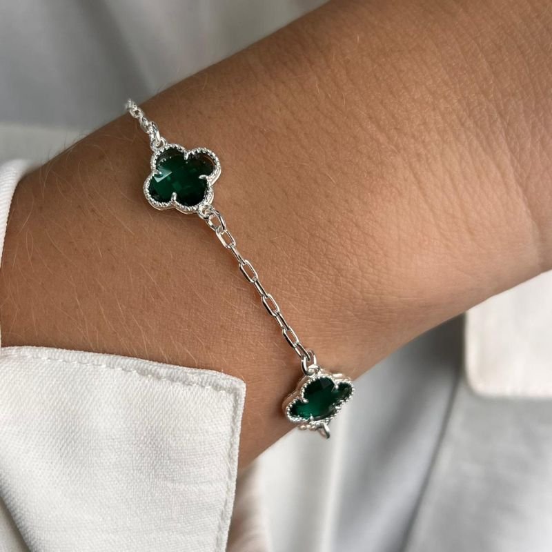 Pulseira Trevo Cristal Verde Banho Ouro 18k/Prata 925