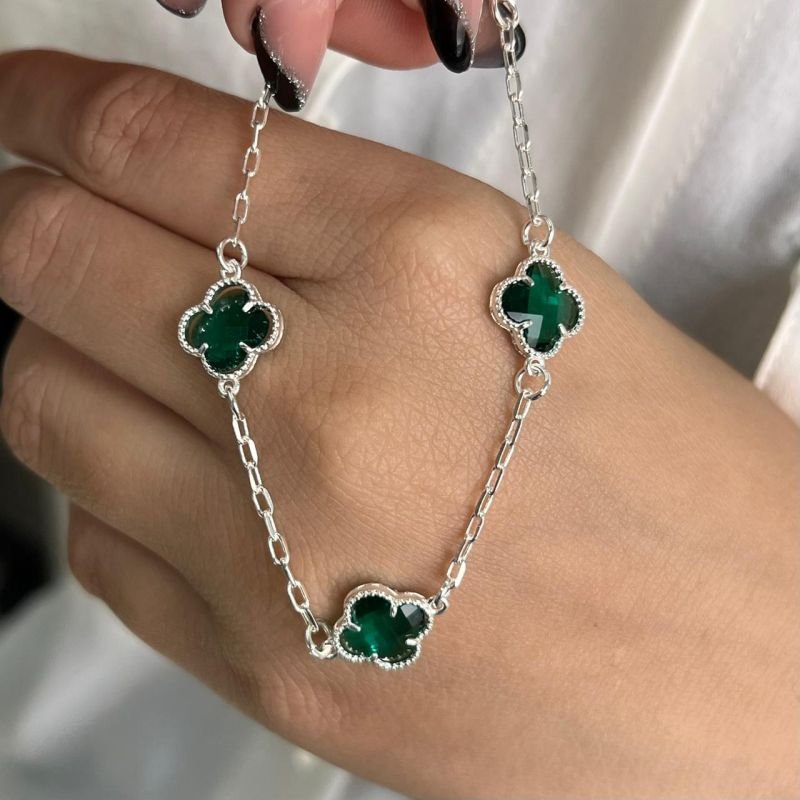 Pulseira Trevo Cristal Verde Banho Ouro 18k/Prata 925