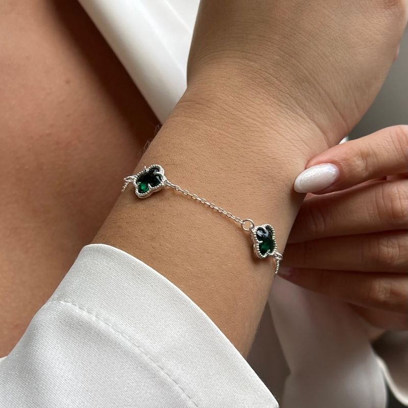 Pulseira Trevo Cristal Verde Banho ouro 18k/Prata 925