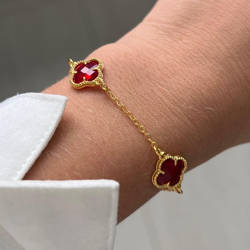 Pulseira Trevo Cristal Vermelho Banho Ouro 18k/Prata 925
