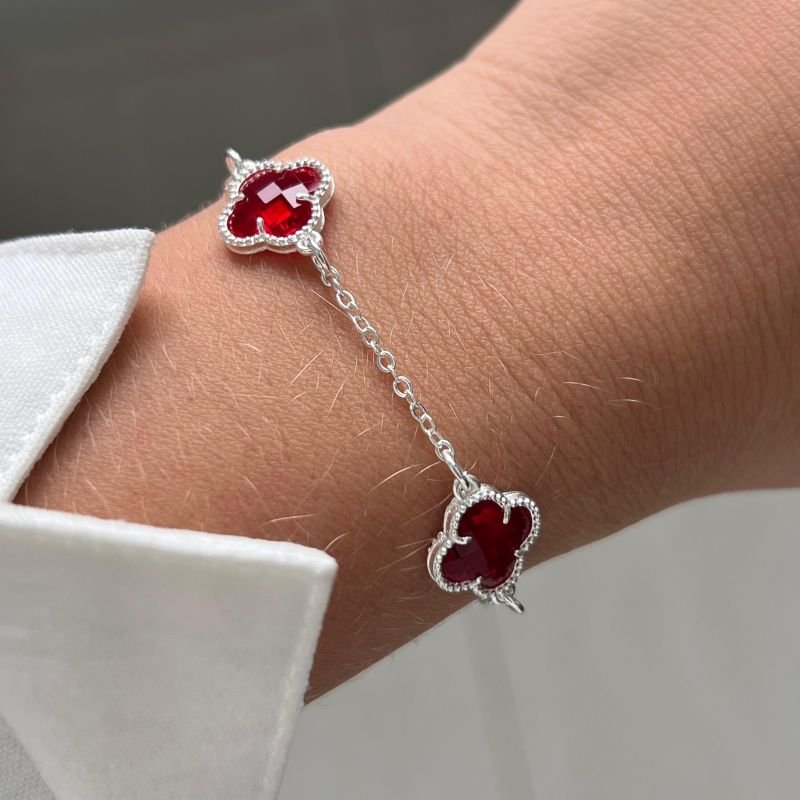 Pulseira Trevo Cristal Vermelho Banho Ouro 18k/Prata 925