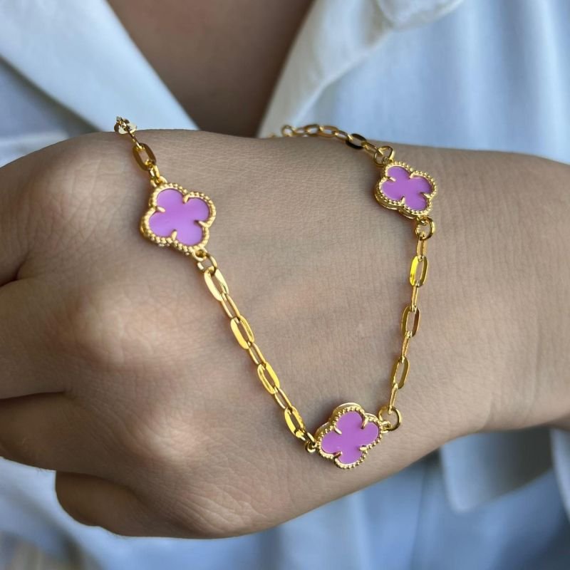 Pulseira Trevo Lilás Banho Ouro18k