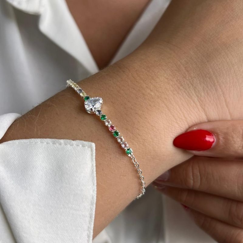 Pulseira Zircônia c/ Gota Cristal P Banho Ouro 18k/Prata 925