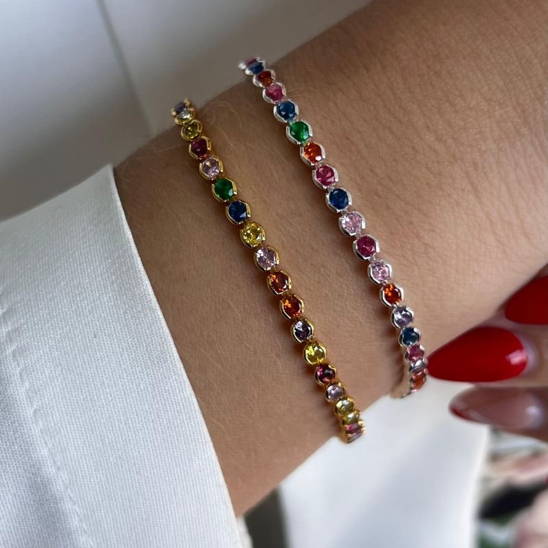 Pulseira Zircônia Multicor Banho Ouro 18k/Prata 925