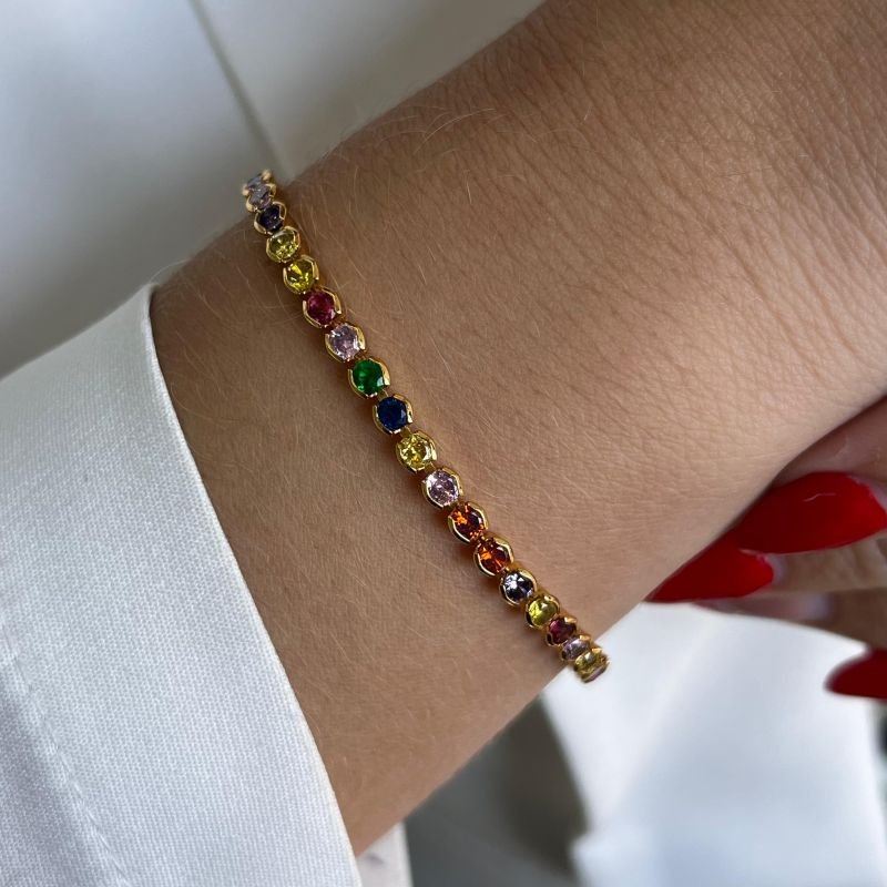 Pulseira Zircônia Multicor Banho Ouro 18k/Prata 925