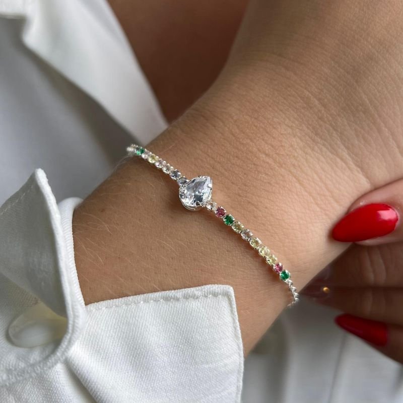 Pulseira Zircônia Multicor c/ Gota Cristal Banho Ouro 18k/Prata 925