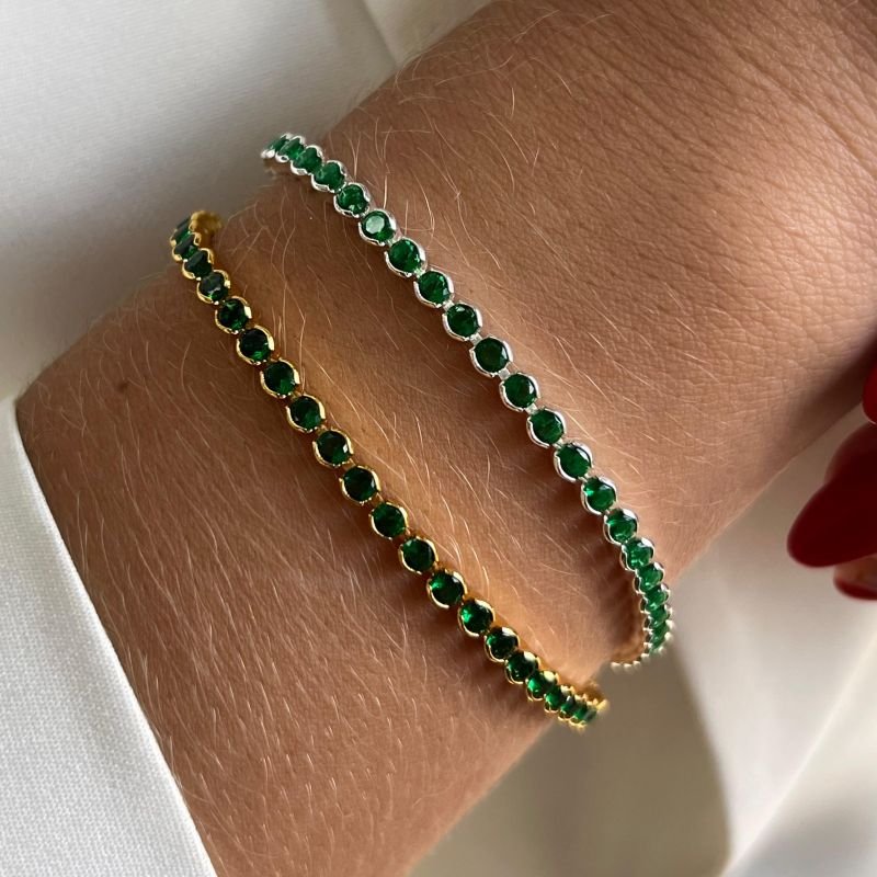 Pulseira Zircônia Verde Esmeralda Banho Ouro 18k
