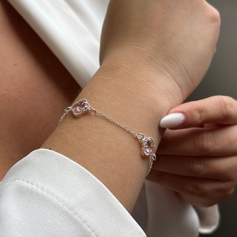 Pulseita Trevo Cristal Rosa Banho Ouro 18k/Prata 925