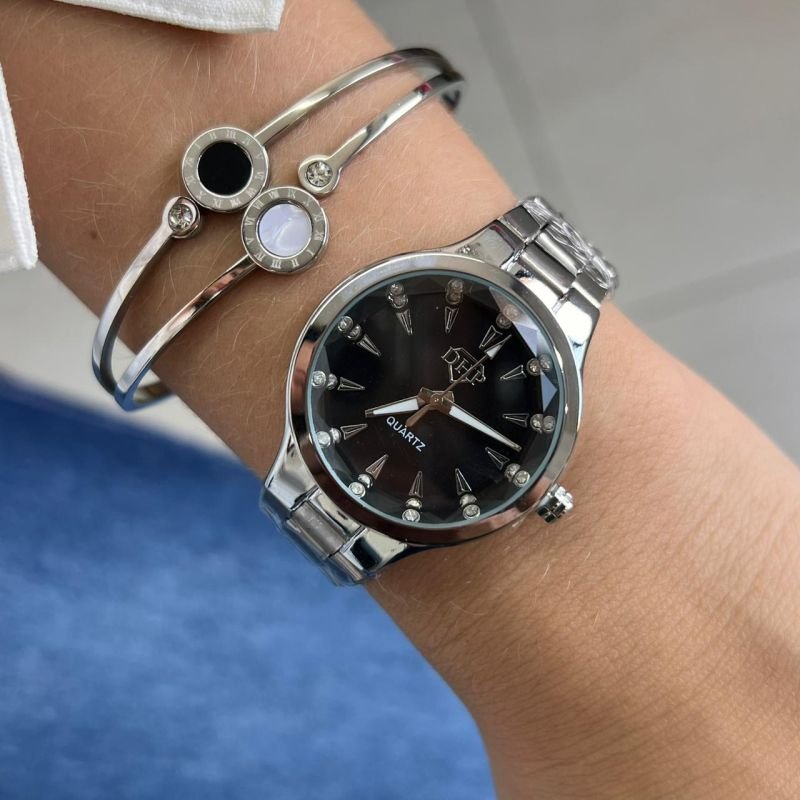 Relógio Feminino Ródio Fundo Preto