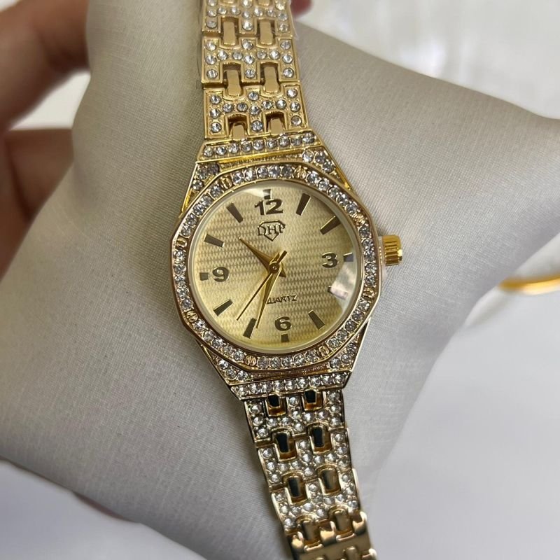 Relógio Feminino Cravejado Dourado c/ Dourado Linha Premium