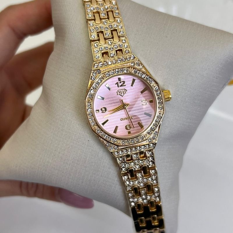 Relógio Feminino Dourado c/ Rosa Linha Premium