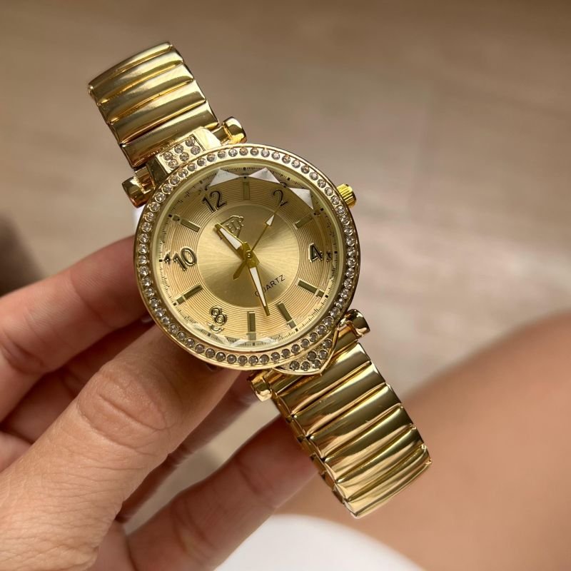 Relógio Feminino Pulseira Elástica Dourado c/ Fundo Dourado Linha Premium