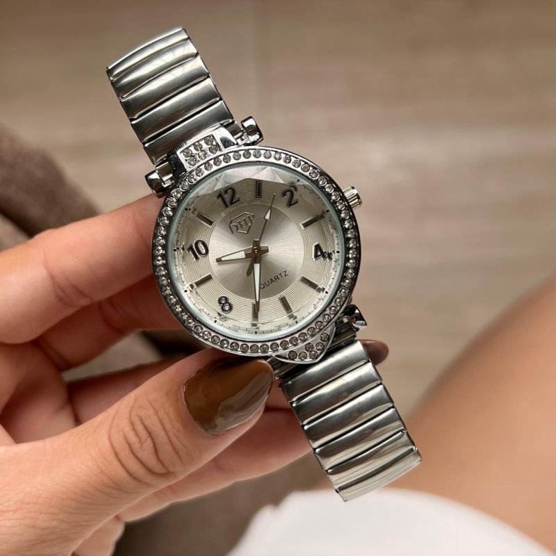 Relógio Feminino Pulseira Elástica Ródio c/ Fundo Branco Linha Premium