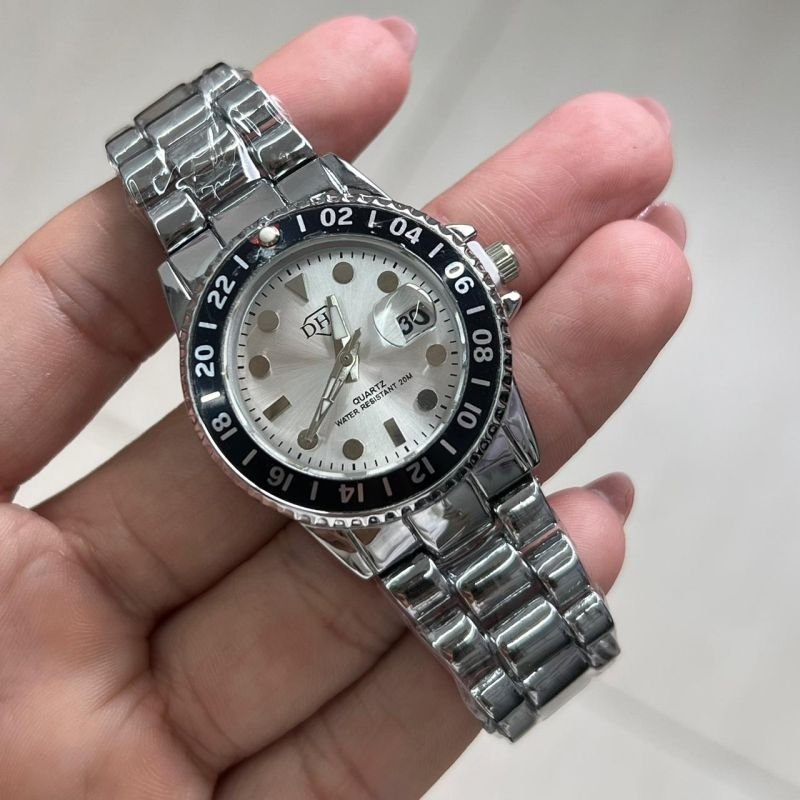 Relógio Feminino Aço Inoxidável Linha Premium C/ Calendário Ródio Fundo Pérola