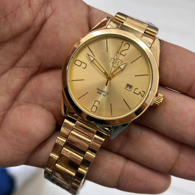 Relógio Masculino c/Calendário Dourado Fundo Dourado Linha Premium