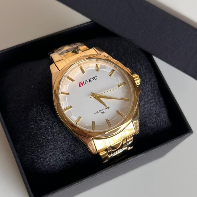 Relógio Masculino Dourado C/ Fundo Branco Linha Premium