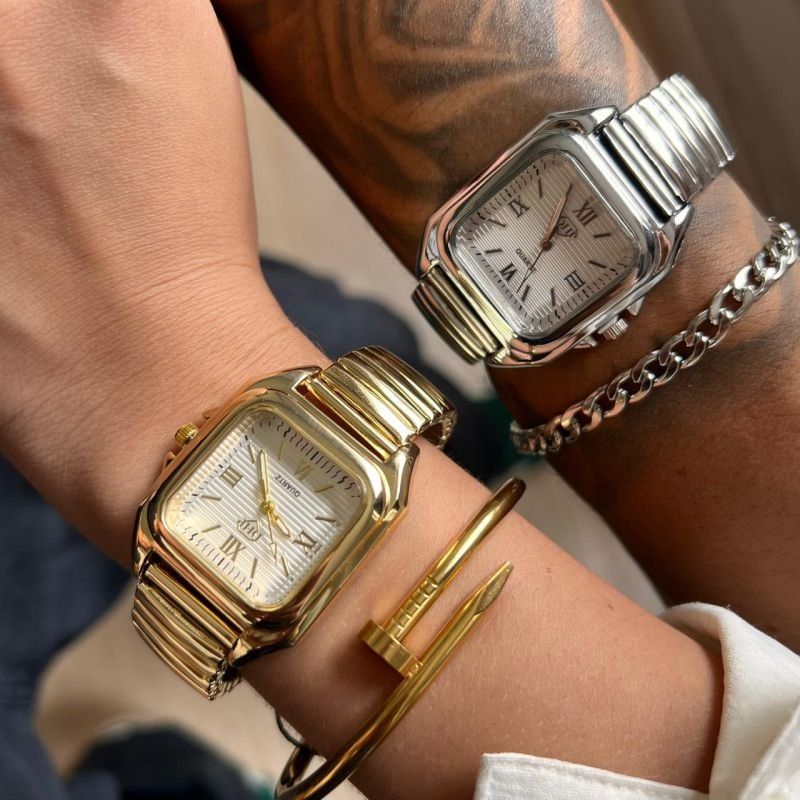 Relógio Unissex Quadrado Pulseira Elástica Linha Premium