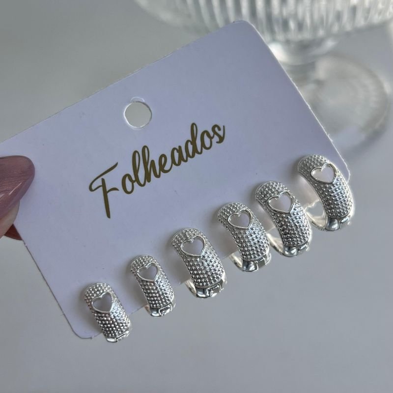 Trio de Brinco Argola Coração Vazado Banho Ouro 18k/Prata 925