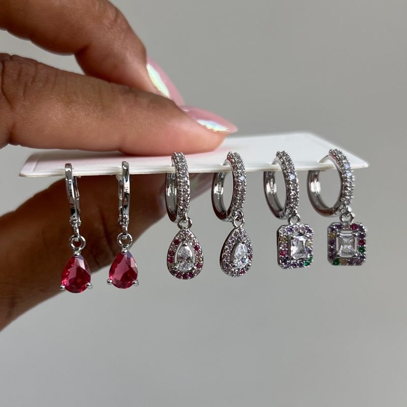 Trio de Brinco Biju Fina Ródio