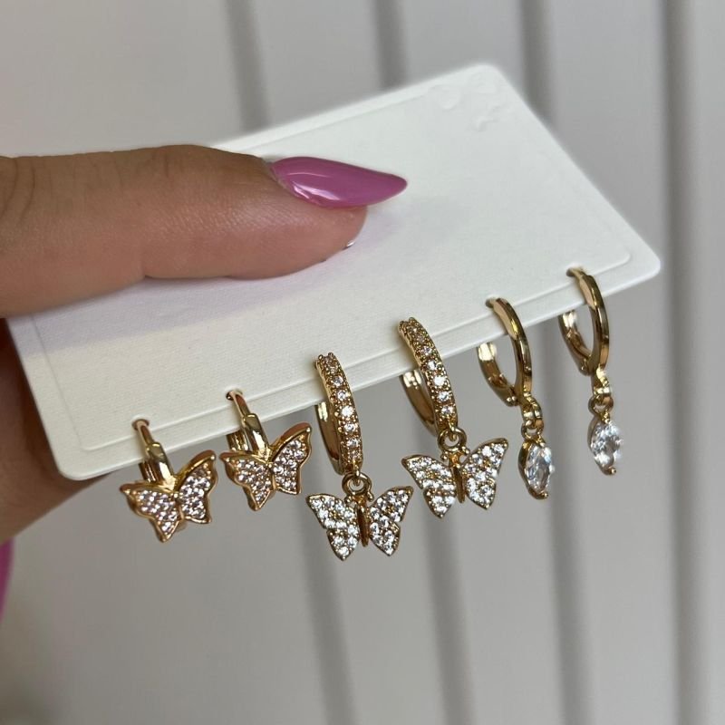 Trio de Brinco Biju Fina Dourado/Ródio