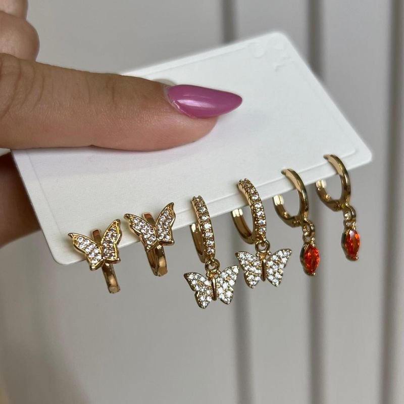 Trio de Brinco Biju Fina Dourado/Ródio