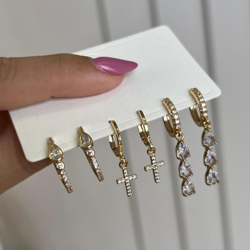 Trio de Brinco Biju Fina Dourado/Ródio