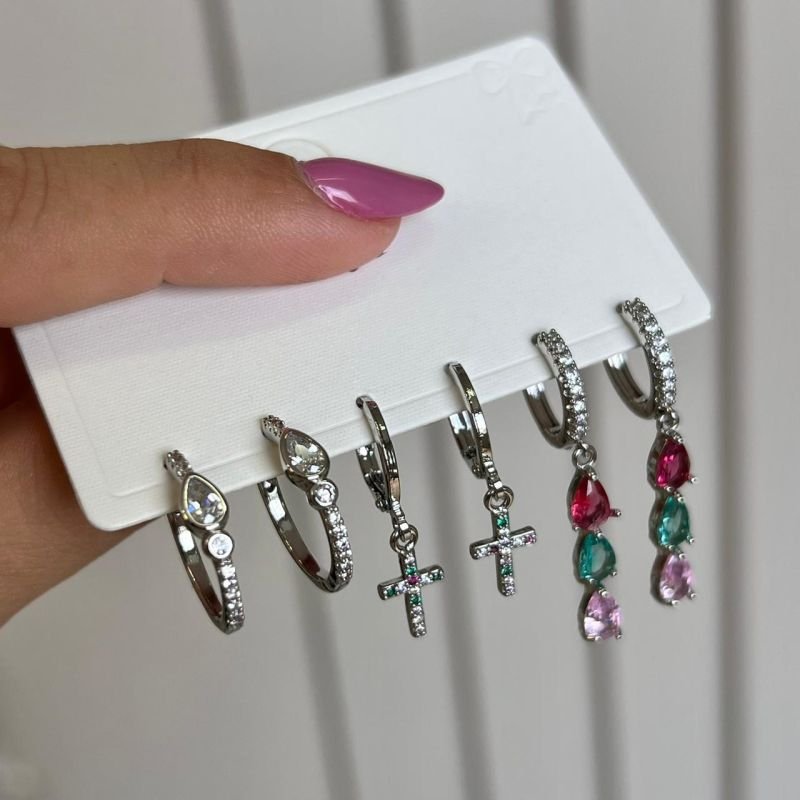 Trio de Brinco Biju Fina Dourado/Ródio