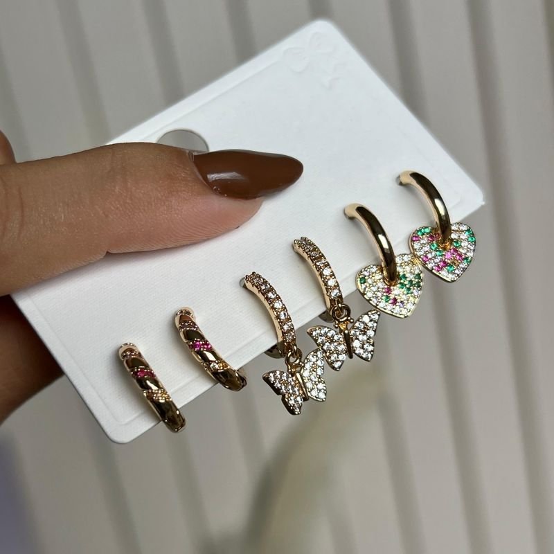 Trio de Brinco Biju Fina Dourado/Ródio