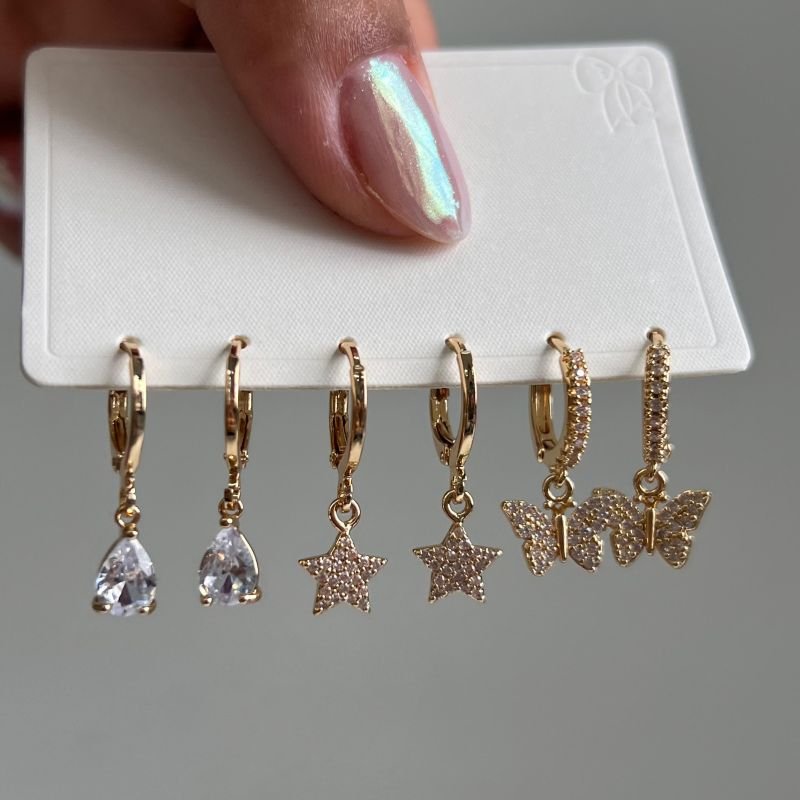 Trio de Brinco Biju Fina Dourado/Ródio