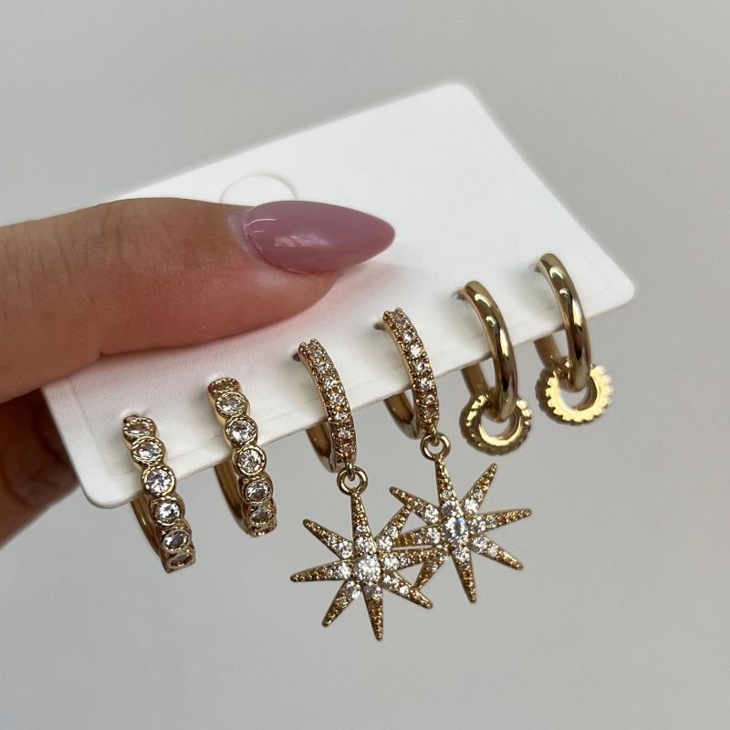 Trio de Brinco Estrela Biju Fina Dourado/Ródio